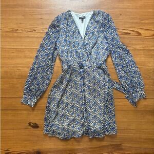 Express blue floral long sleeve plunge neckline wrap mini dress SIZE M
